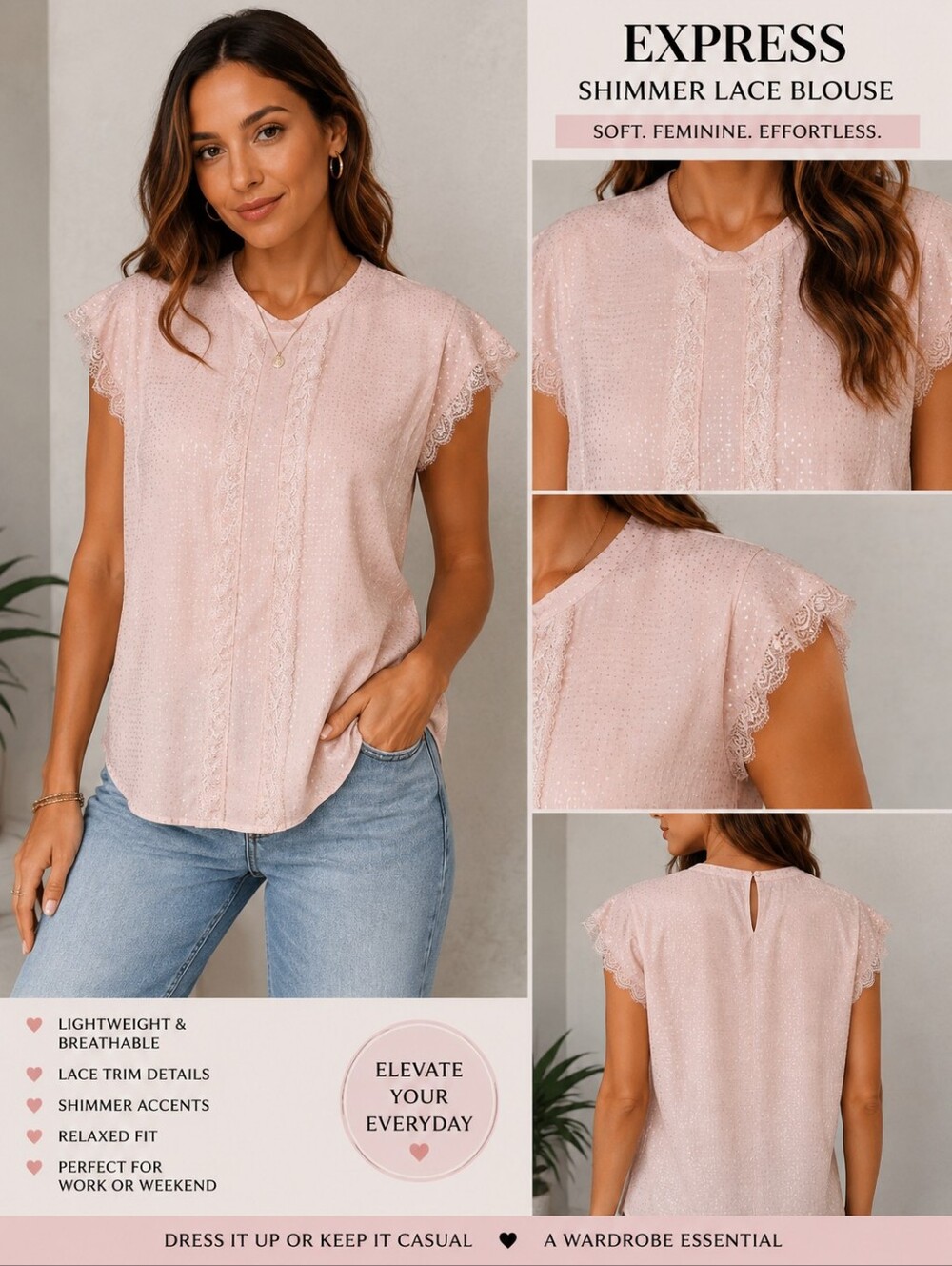 Express Delicate Lace-Trim Pink Blouse